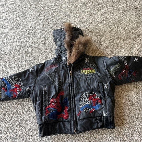 RARE Leather  Spiderman Kids Jacket - Black with Red and Blue Accents - Picture 8 of 15